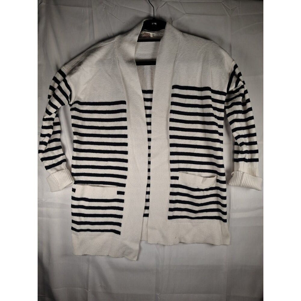 LOFT Petite Womens Cardigan Sweater Sz MP White Black Striped Waist Length